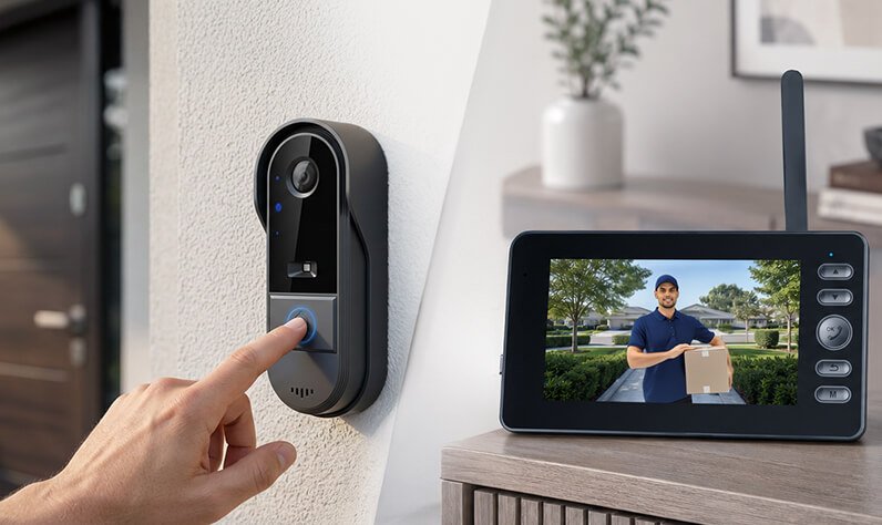 Video doorbell camera mounted at a front door that records locally with no monthly subscription fee