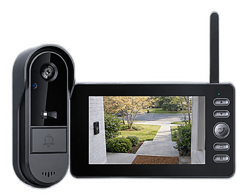 Vital Smart Door Home wireless doorbell camera beside its portable indoor monitor displaying a live front-yard feed