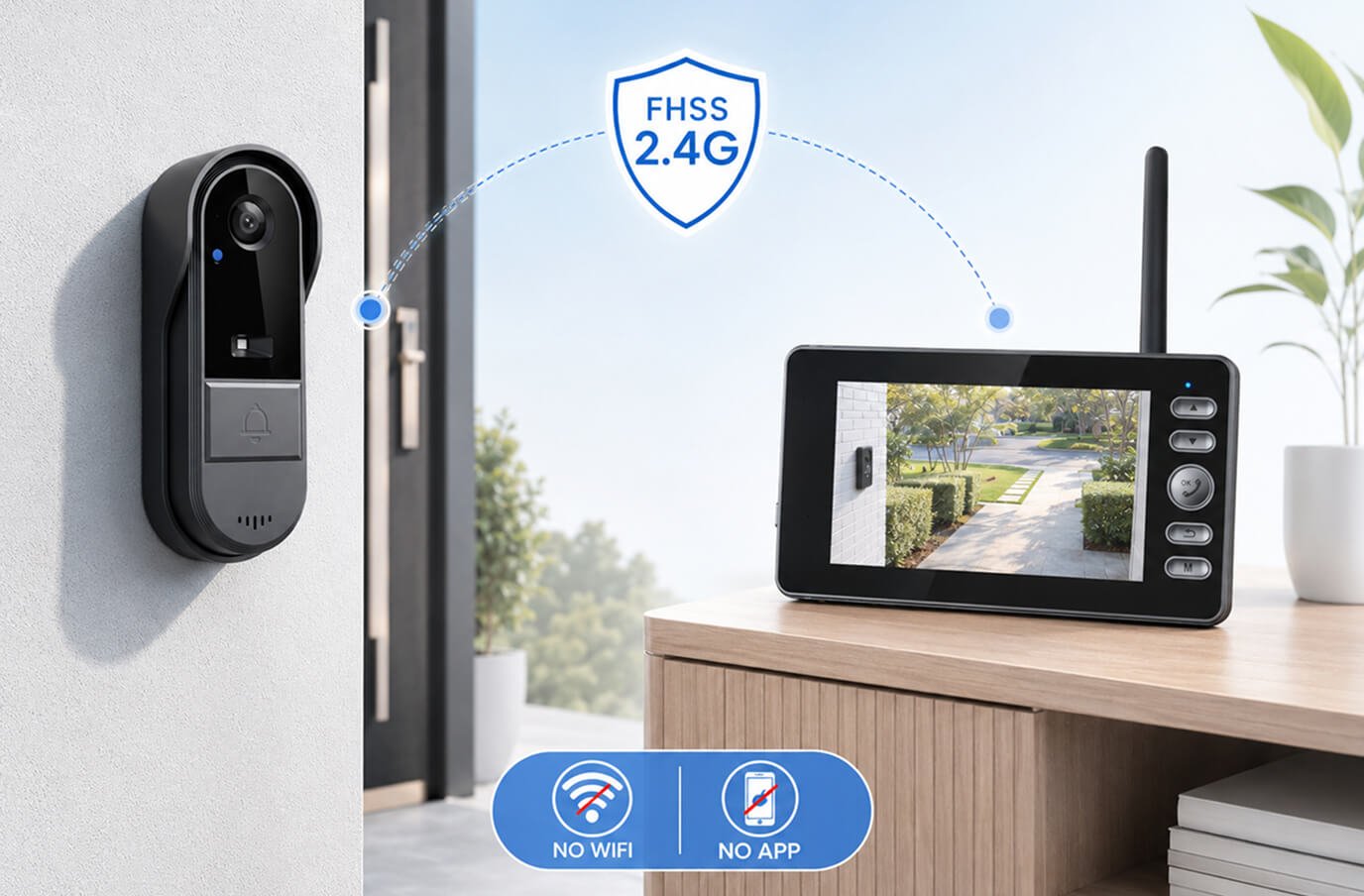 Wireless doorbell camera on an exterior wall connected by an FHSS 2.4G link to a portable indoor monitor — no WiFi and no app required